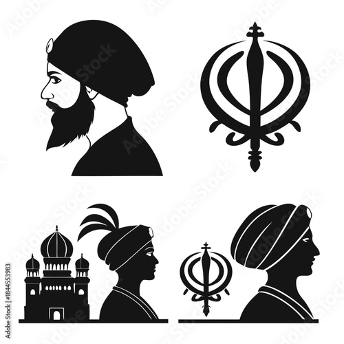 Sikh cultural icons silhouettes including Khanda symbol and turbanned men