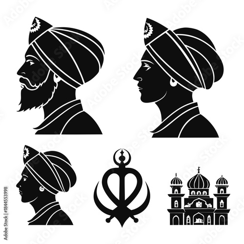 Sikh cultural icons silhouettes turbaned men khanda symbol temple