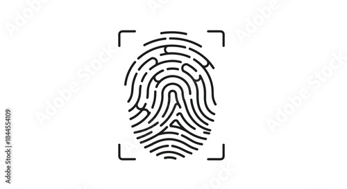 A black line art icon of a fingerprint inside a scanner frame, representing identity, security, and biometric authentication.