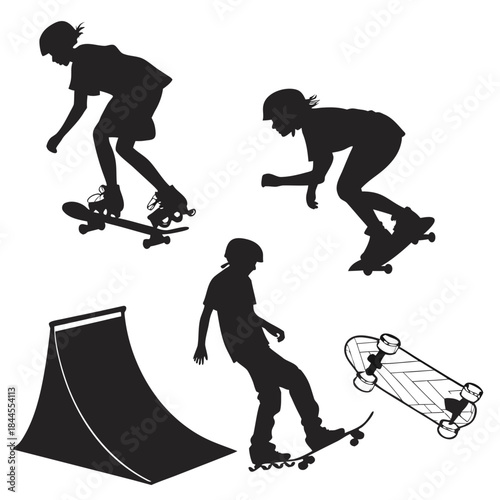 Silhouettes of skateboarders and rollerbladers on white background