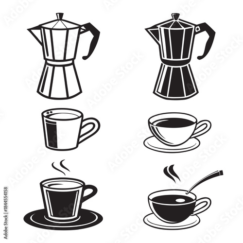 Six black and white coffee icons coffee cup coffee mug