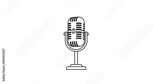 Vintage condenser microphone on a stand, depicted as a simple line icon for broadcasting, podcasting, or retro audio recording.