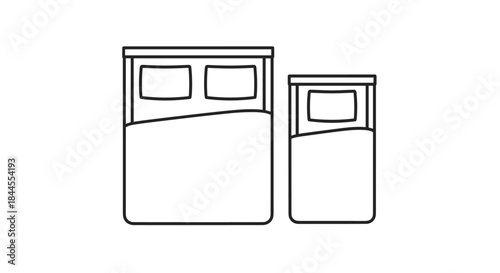 Top-down line art icon of a double bed and a single bed, representing hotel room options, accommodation, or family lodging.