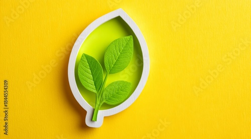 Leaf is in a white bowl on a yellow background. The bowl is shaped like a leaf and the leaf is green