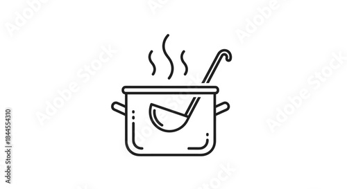 Line art icon of a steaming cooking pot with a ladle, symbolizing homemade soup, hot meals, and the process of cooking.
