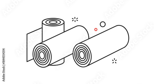 Isometric line art illustration of three rolls of material, such as paper, fabric, or bandages, with abstract decorative elements.