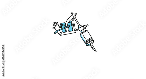 Simple line art illustration of a modern tattoo machine with blue accents, representing the art of tattooing and body modification.