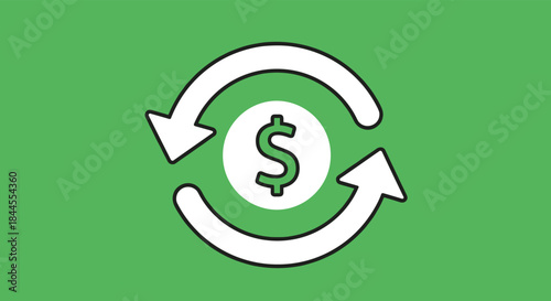 Currency exchange icon on a green background, featuring a dollar sign inside two circular arrows for financial transactions.