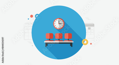 Flat design icon of a waiting room with a bench of red chairs and a clock on the wall, set inside a blue circle with a long shadow.