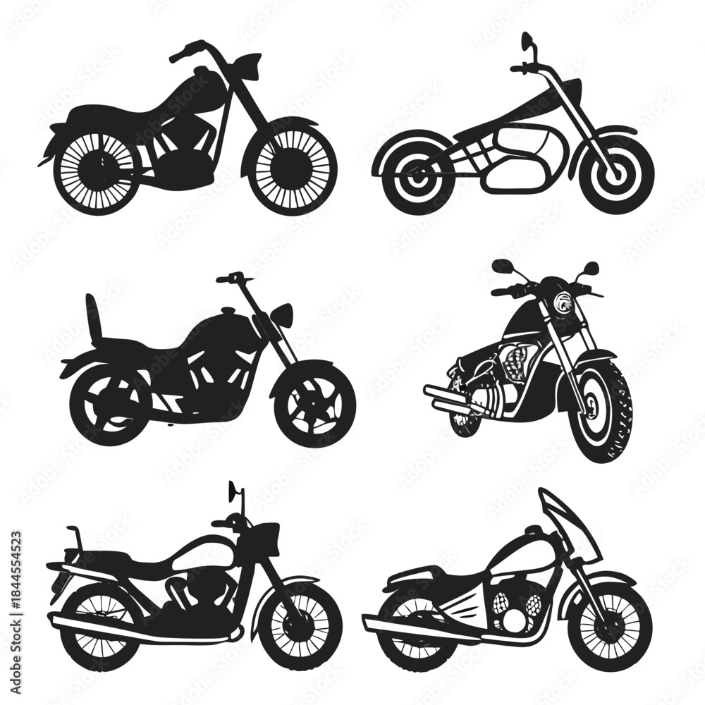 Fototapeta premium Six black motorcycle silhouettes on white background 4