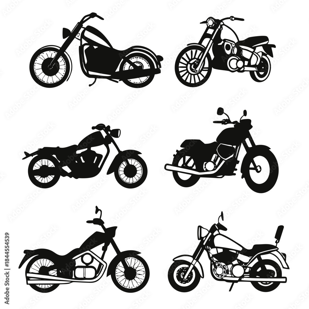 Obraz premium Six Black Motorcycle Silhouettes on White Background 3