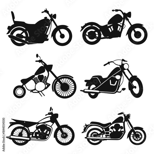 Six black motorcycle silhouettes on white background 1
