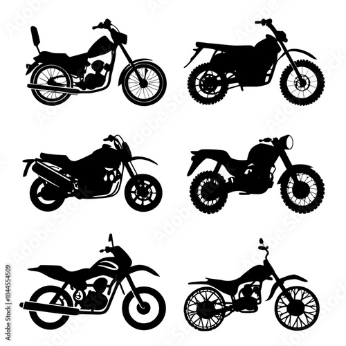 Six black motorcycle silhouettes on white background 2