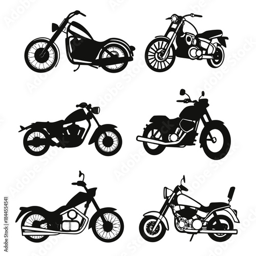 Six black motorcycle silhouettes on white background