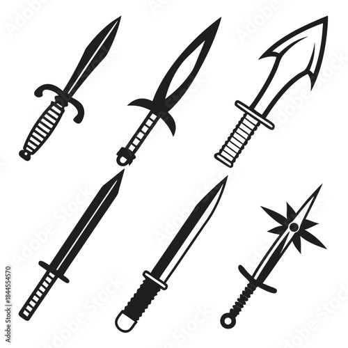 Six black silhouette medieval and fantasy weapons sword