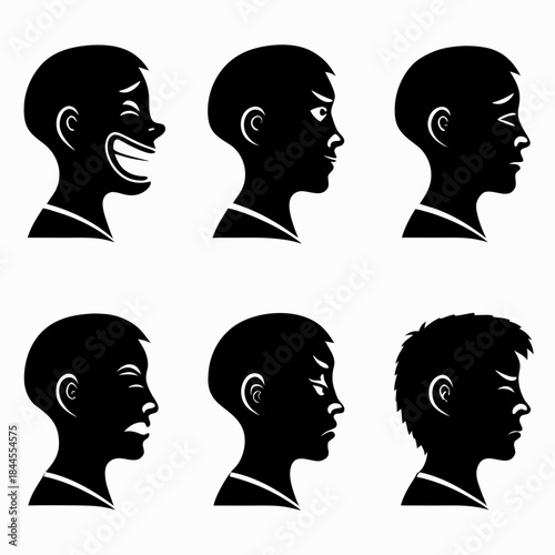 Six black silhouette profiles of faces showing different emotions