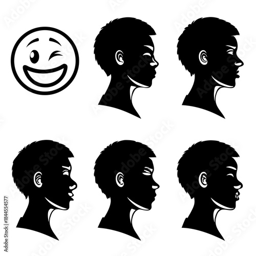 Six black silhouette profiles of faces with varied expressions