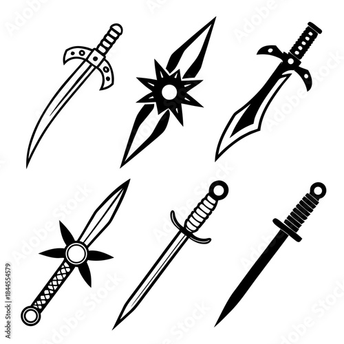 Six black silhouette sword and weapon icons vector 1