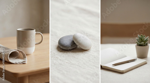 Collage of three vertical images in beige tones showing cozy moments and natural materials