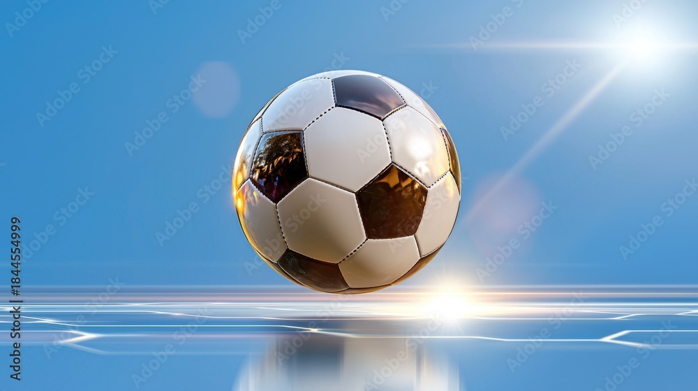 Fototapeta premium Floating Soccer Ball Against a Bright Blue Sky Background