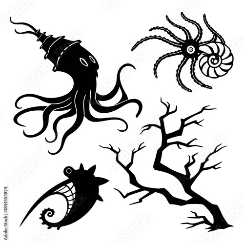 Surreal black abstract shapes on white background isolated