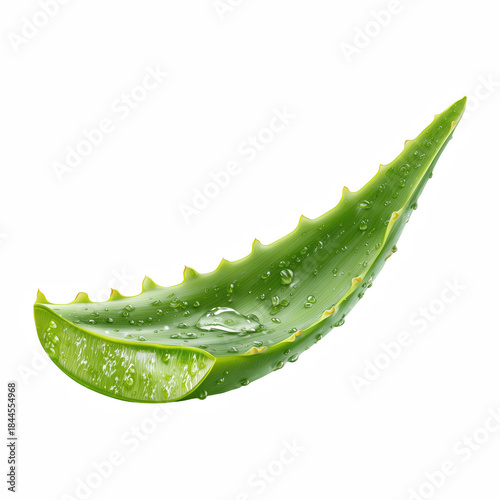 Realistic fresh aloe vera leaf segment with water droplets, diagonal cut piece isolated on transparent background.