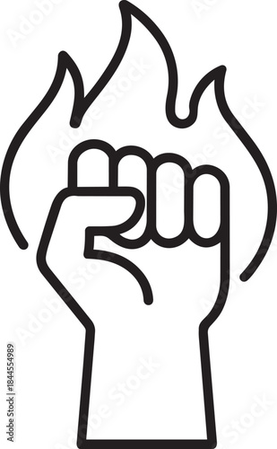 A clenched fist emerging from flames representing power resistance and the spirit of defiance