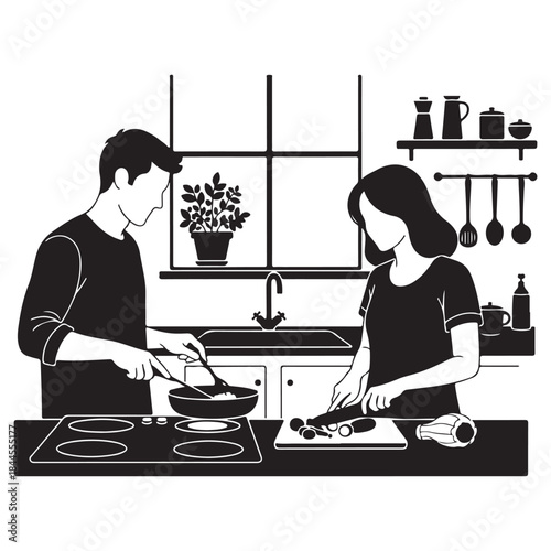Couple cooking together in a modern kitchen flat vector illustration for lif