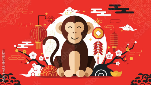 Festive Chinese New Year Illustration featuring a Playful Monkey with
