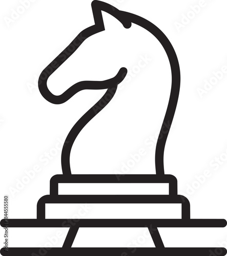 A simple black and white line drawing depicting a chess knight piece isolated on a white background