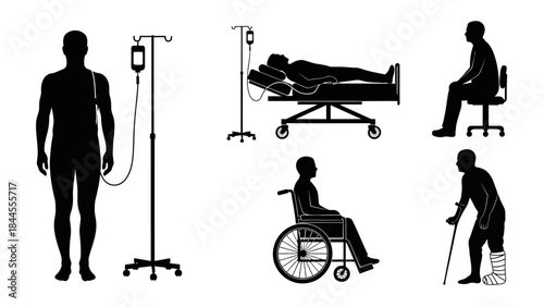 Collection of Medical Icons Showcasing Patient Care and Mobility Assistance
