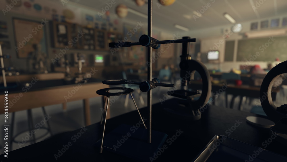 Fototapeta premium A school classroom laboratory with tables and chairs filled with equipment and materials