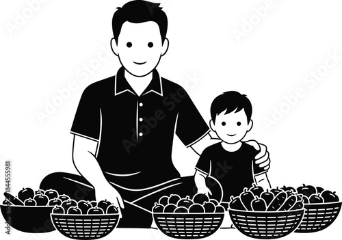 Father and son selling fruits together family business market life bonding black and white vector illustration rural livelihood concept