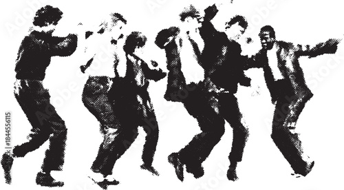 Group of people dancing in a dynamic black and white photo. Casual style and vibrant energy in a retro vector illustration set.