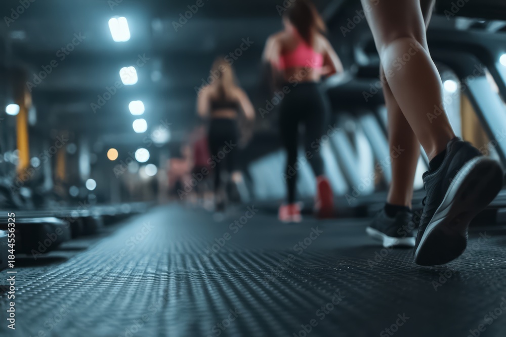 Fototapeta premium Woman runs on a treadmill in a gym. The other women are running on the same machine