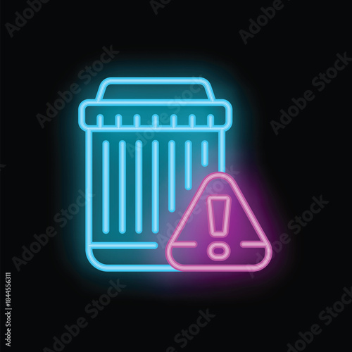 Glowing neon trash can icon with warning sign, representing important cautionary message