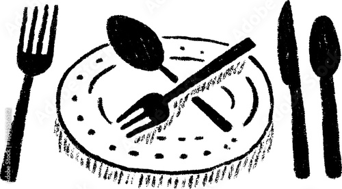 Plate with cutlery: fork, spoon, and knife. Simple monochrome vector illustration for dining concepts, presented in a hand-drawn style.