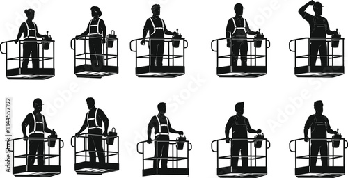 Aerial lift worker silhouettes, elevated platform safety, harness gear, black figures, tool handling, construction posture, boom lift operation, industrial inspection