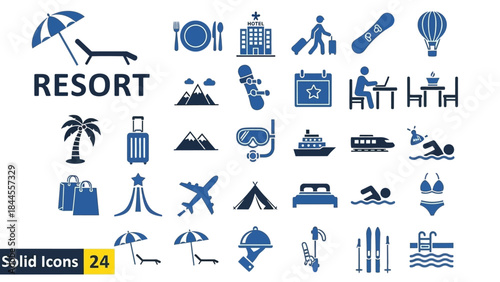 Sleek Solid Resort and Travel Icons Collection – Essential Vacation and Leisure Symbols for Holiday Planning and Getaway Destinations