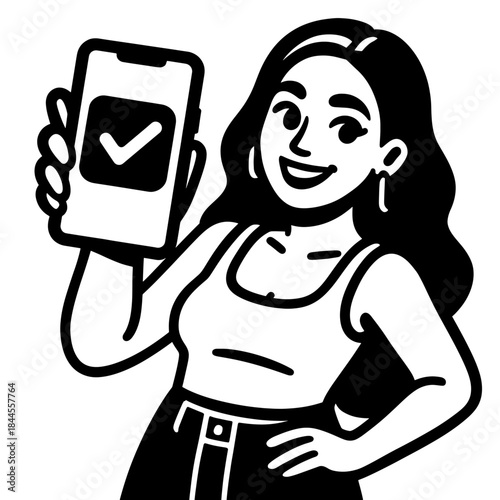 Modern Black and White Mobile App Approval Girl Vector Icon Illustration