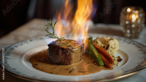 Steak Diane flambeed tableside with a rich cognac sauce plated elegantly with gourmet sides romantic dinner setting