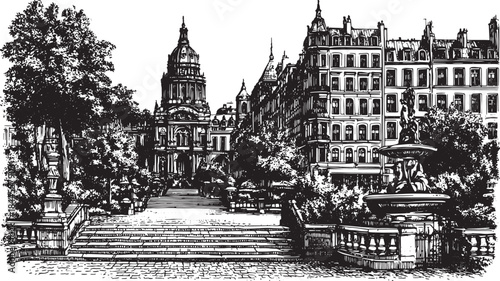 Line drawing of an old European town square featuring ornate buildings and a fountain surrounded by trees. A detailed vector illustration.