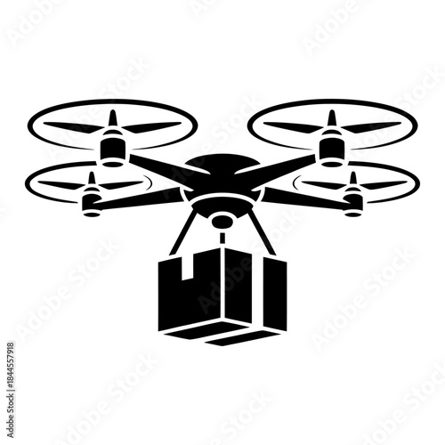 black silhouette delivery drone carrying package aerial logistics technology vector illustration