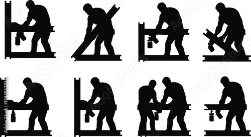 Carpentry silhouettes, power drill posture, woodworking teamwork, black figures, sawhorse setup, plank handling, construction gear, DIY technique, tool use sequence