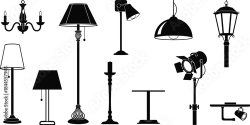 Collection of diverse modern and vintage lamp silhouettes including floor lamps, chandeliers, table lamps, pendant lights and lighting fixtures illustration