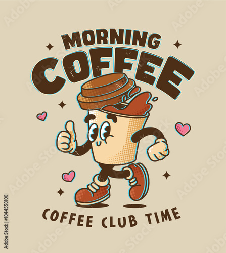 Morning Coffee Retro Cartoon Mascot Walking