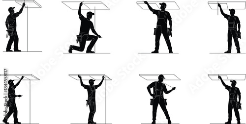 Ceiling panel installation silhouette sequence, construction worker poses, overhead work illustration, interior build process, tool belt, helmet, precision steps