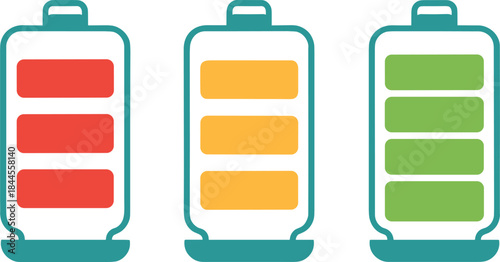 Battery Charge Level Icons Set Showing Low Medium and Full Power Status in Flat Vector Illustration