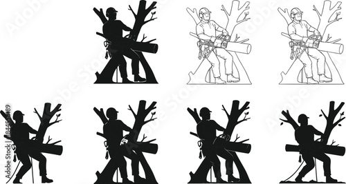 Chainsaw tree cutting silhouettes, safety gear worker, helmet and harness, forestry labor, abstract style, logging action, tree removal process