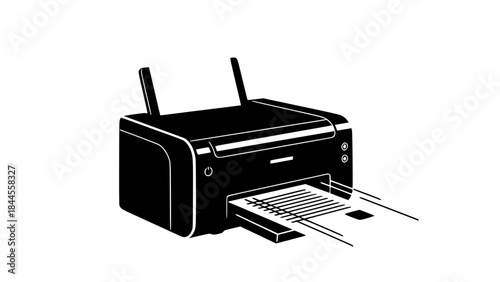 Printer printing documents, paper coming out, flat vector illustration, motion lines, clean modern design, office workflow concept